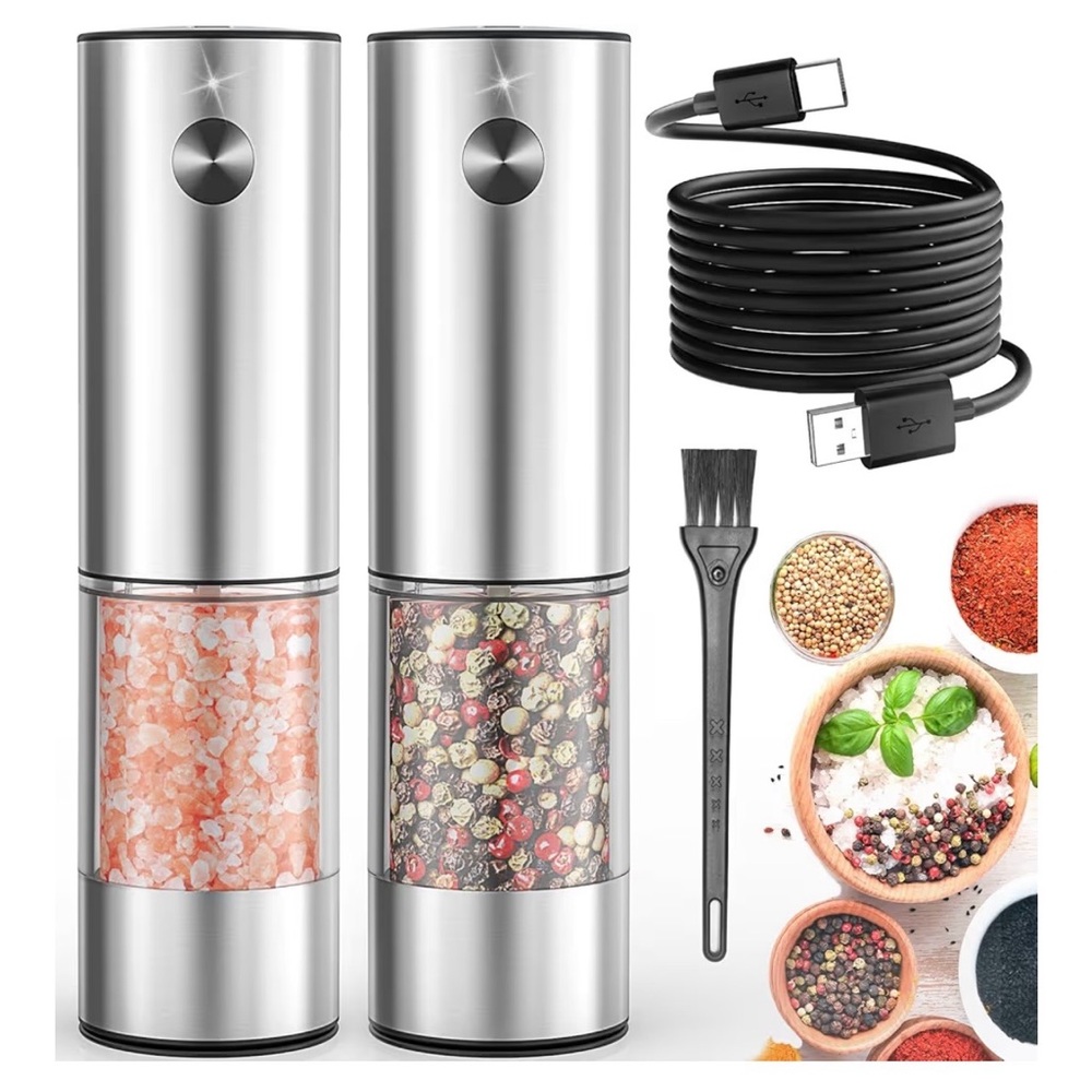 2Pack Electric Salt and Pepper Grinder Set USB Rechargeable with Warm LED Light